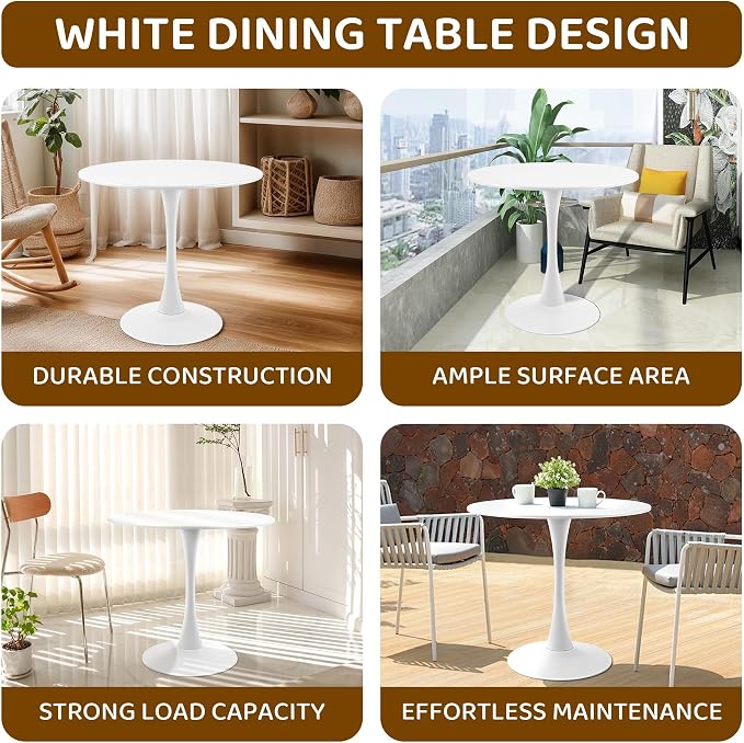 Round White Dining Table Modern Kitchen Table with Pedestal Base in Tulip Design, Mid-Century Leisure Table for 2 to 4 Person，for Kitchen, LivingRoom, Restaurant, Office, Cafe（31.49inches）