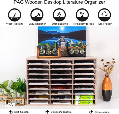 PAG Mail Sorter - Wood Literature Organizer with 27 Compartments | Retro White Desktop Mailbox for Home & Office