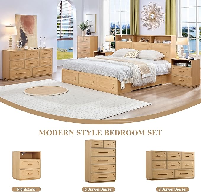Nightstand with Charging Station, Modern End Table with 2 Drawers Storage, Space-Saving Wood Storage Cabinet with Unique Base Design, Bedside Table for Bedroom, Living Room, Natural Oak