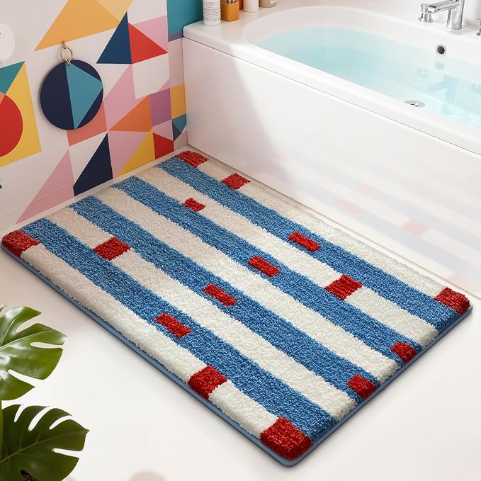 LUMI Bathroom Rugs with Blue White Stripe, Soft Absorbent Bath Mat for Modern Home Decor, Non-Slip Quick-Dry Bath Rug, Machine Washable Floor Mat for Shower and Tub, Entryway, 16"x24"