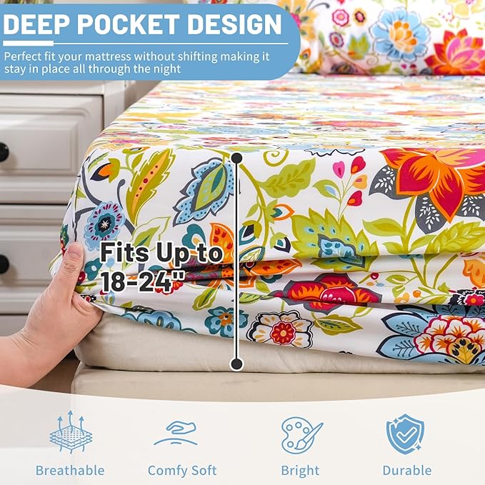 Bedlifes King Size Extra Deep Pocket Sheet Sets - Fits Mattresses Up to 18-24" Thick, 4-Piece Microfiber Set with 1800 Thread Count, Soft, Smooth, Breathable, Featuring Floral Spring Design