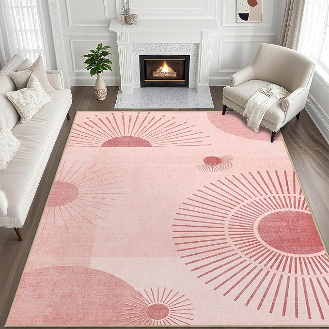 9x12 Large Area Rug for Living Room Sun Rug Mid Century Modern Rugs Machine Washable Boho Geometric Rug Non Slip Printed Low Pile Indoor Floor Carpet for Dining Room Bedroom Office,Pink