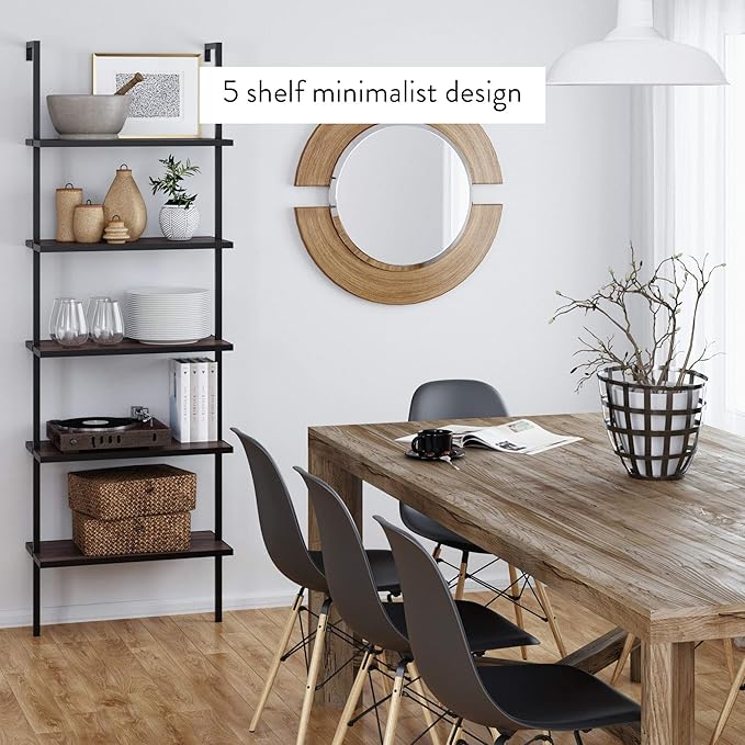 Nathan James Theo 5-Shelf Wood Modern Bookcase, Open Wall Mount Ladder Bookshelf with Industrial Metal Frame, Walnut Brown/Black, Set of 4