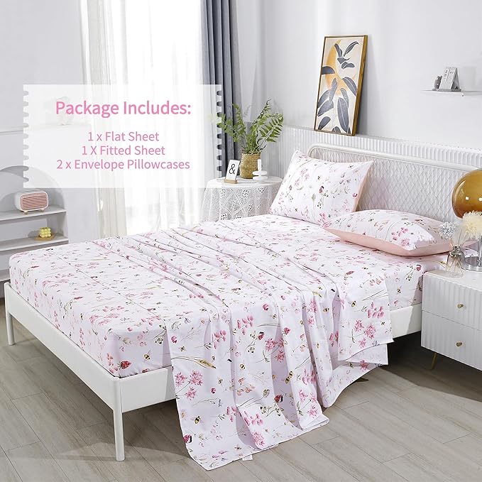 RYNGHIPY Shabby Floral Bees Print Bedding Sheets with Pillowcases, Breathable Egyptian Cotton Bed Sheet Set (Bee,King Size)