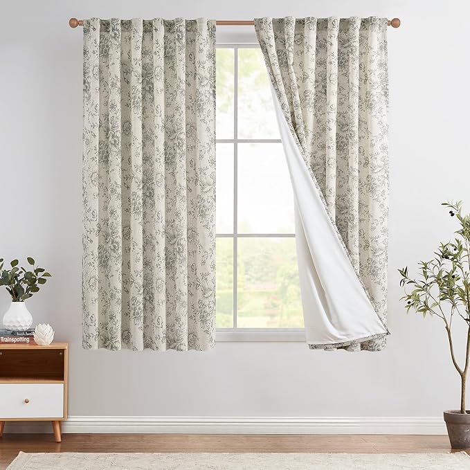 jinchan Lined Linen Blend Curtain Floral Curtains for Living Room 63 Inch Length Grey Peony Flower Printed Curtain Back Tab Farmhouse Patterned Drapes Bedroom Window Curtains Set 2 Panels