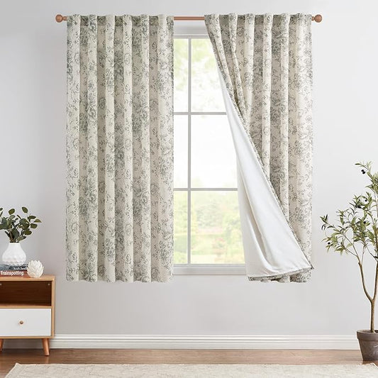 jinchan Lined Linen Blend Curtain Floral Curtains for Living Room 63 Inch Length Grey Peony Flower Printed Curtain Back Tab Farmhouse Patterned Drapes Bedroom Window Curtains Set 2 Panels