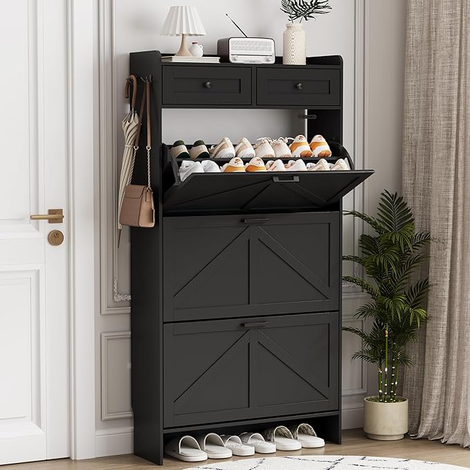 Shoe Cabinet with 3 Flip Drawers & 2 Top Drawers, 57" Tall Freestanding Narrow Wooden Shoe Storage Organizer for Entryway, Hidden Slim Shoe Rack for Front Door Entrance, Hallway, Living Room, Black