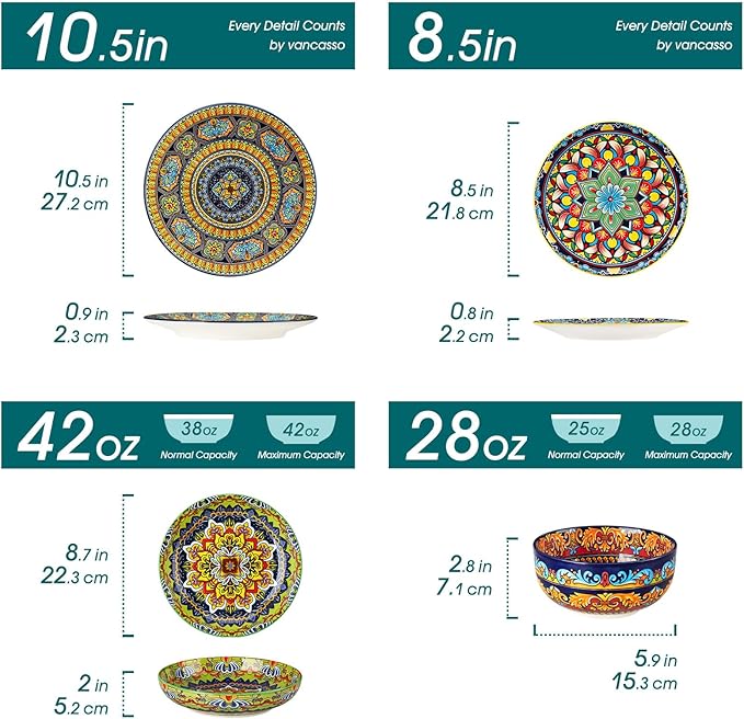 vancasso 24-Piece Dinnerware Sets,Plates & Bowls Sets Service for 6, Bohemian Porcelain Dishes Set for 6, Kitchen Dinner Set,Microwave & Dishwasher Safe, Scratch Resistant,Series KRVI
