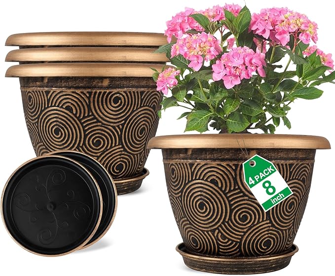 8 Inch Flower Pots Planters for Indoor Outdoor Plants, 4 Pack Plastic Small Plant Pots with Drainage Hole & Tray, Modern Decorative Garden Pot with Saucer, Plant Container for House