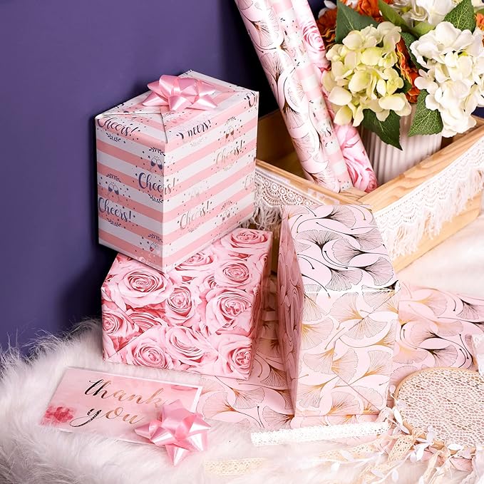 MAYPLUSS Pink Wrapping Paper Roll - Mini Roll - 17in X 120in Per roll - 3 Different Pink Floral Design (42.3 sqft) for Birthday, Holiday, Wedding, Baby Shower Valentine's Day
