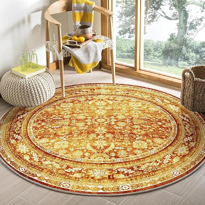 OPPODREAM Vintage Orange Round Rug 5ft, 5 ft Retro Washable Circle Rug Non Slip, Low-Pile Faux Wool Circular Carpet, Distressed Floor Mat for Living Room, Bedroom, Office, Dorm, Dinning Room