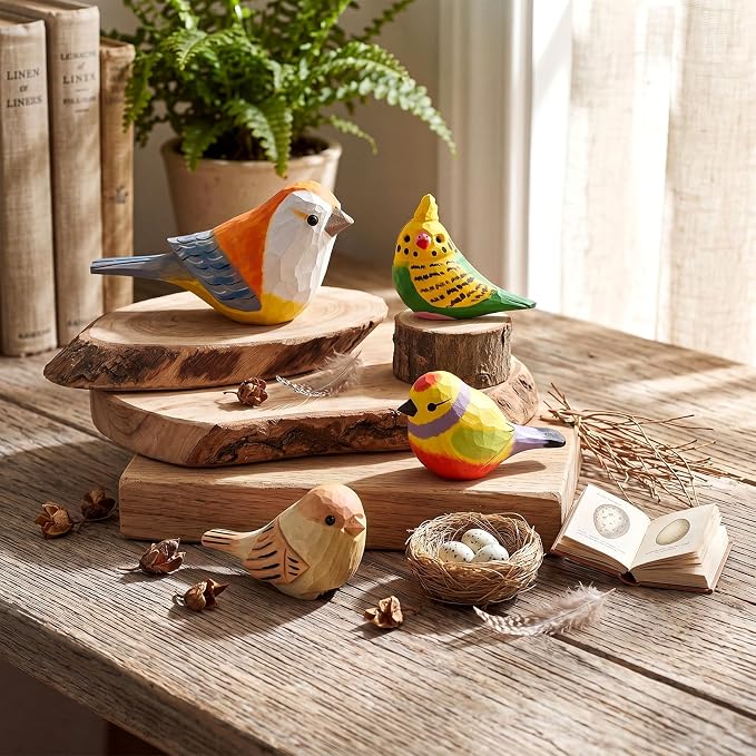 Novabright Hand-Carved Wooden Bird Statue Set of 4, Colorful Lifelike Miniature Figurines for Home Decor, Shelf Accents, Rustic Table Decorations & Bird Lover Gifts