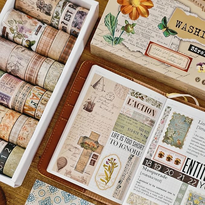 Bomichi 32 Rolls Vintage Washi Tape, Aesthetic Colored Decorative Cute Scrapbook Tape for Scrapbooking Supplies Journaling Craft Junk Journal