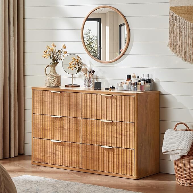 LEYAOYAO Fluted 6 Drawers Dresser Set of 2, 48" Wide Modern Chest of Drawers with Woodgrain Top, Curved Profile Design, Dresser TV Stand, Wood Drawer Organizer for Bedroom, Living Room, Hallway,Brown