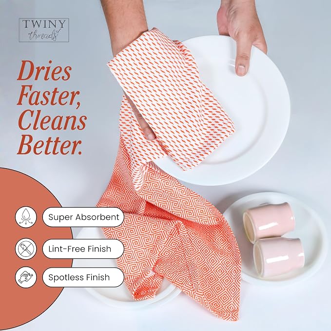 TWINY threads Dish Towel Diamond Weave, 4 Pack, Premium 100% Cotton Kitchen Linen Set, Large Dish Rags and Wash Rags, Absorbent Quick Drying, Machine Washable Dishcloth Set, 18"x26", Orange
