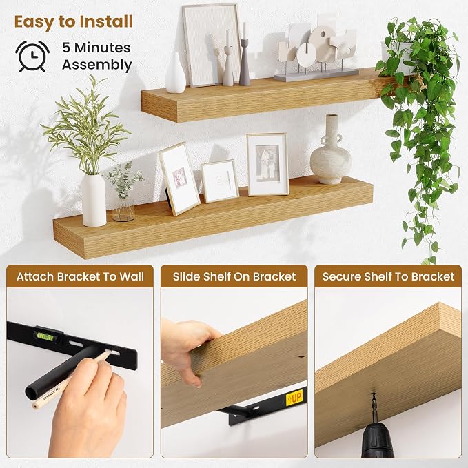 Fun Memories Bathroom Shelves 32 Inch Long Set of 2, Floating Shelves for Wall with Invisible Brackets, for Bedroom, Living Room, Kitchen, Oak