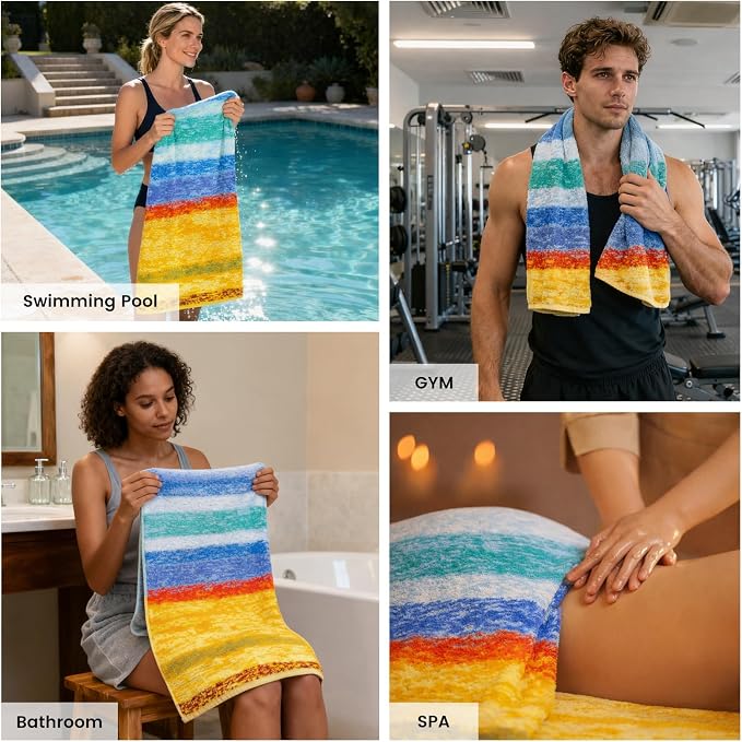 SEMAXE Bath Towel Set, 12 Piece Cotton Towel Set for Bathroom, More Towels for Family Use, Quick Dry with Hanging Loops, Easy Care, Colorful Striped