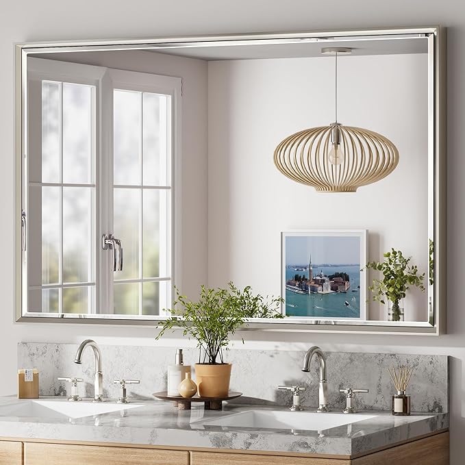 48'' x 30'' Brushed Nickel Framed Beveled Bathroom Mirror, Shatterproof Rectangle Brushed Nickel Frame Mirror, Anti-Rust Vertical/Horizontal Wall-Mounted Mirrors