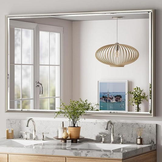 48'' x 30'' Brushed Nickel Framed Beveled Bathroom Mirror, Shatterproof Rectangle Brushed Nickel Frame Mirror, Anti-Rust Vertical/Horizontal Wall-Mounted Mirrors