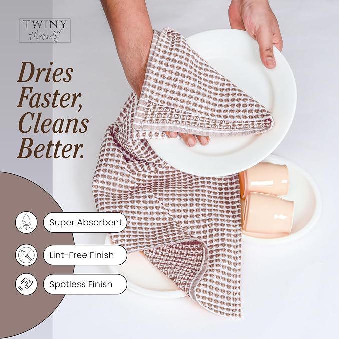 TWINY threads 4 Pack Honeycomb Circle Waffle Dish Towels 16x26 Inches, 100% Cotton, Durable, Thick, Waffle Weave Tea Towels, Great for Handling Hot Pots, Heavy Cleaning, Brown