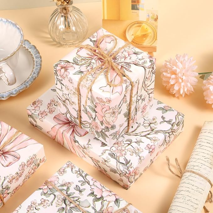 Ywdbzjhs 1 Roll Pink Bow and Flower Wrapping Paper Mini Roll - 17 In x 33 Ft - Coquette Vintage Floral Pink Bows Gift Wrap Paper for Christmas Birthday Wedding Baby Shower Engagement Bridal Shower