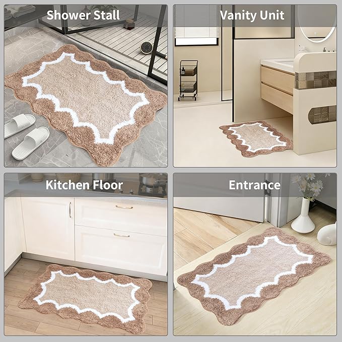 Cute Scalloped Beige Bathroom Rugs Mat,Non Slip Absorbent Quick Dry Bath Mats for Shower Room,Microfiber Bath Mats for Bathroom Floor Washable Carpet for Shower Tub Sink Bedroom,20"x32"
