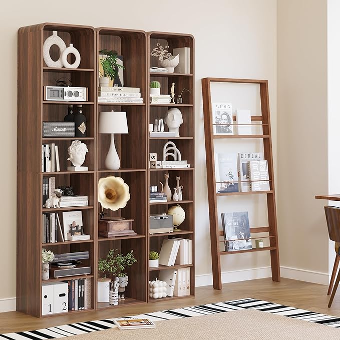 Tall Narrow Curved Bookshelf, 8-Tier Skinny Arch Bookcase for Small Space, Freestanding Storage Organizer with Adjustable Shelves, Open Display Shelves for Living Room, Entryway Bathroom (Walnut)