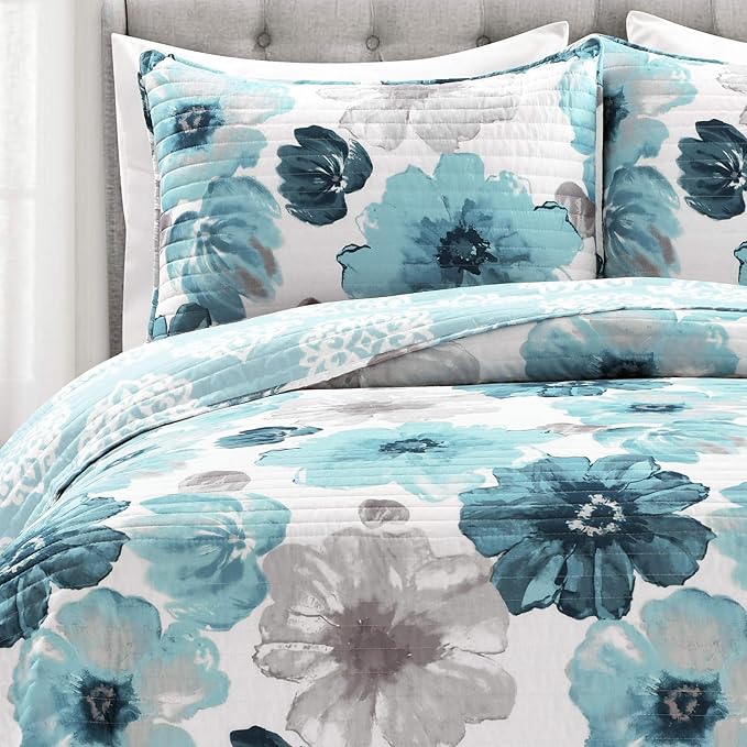 Lush Decor Leah Reversible Floral Quilt Set, 3 Piece Set, Full/ Queen, Blue - Watercolor Botanical - Cottage Core - French Country Decor- Bedding Queen Size