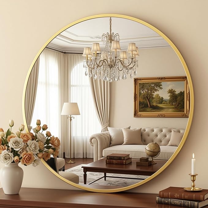 Antok 24 Inch Round Mirror for Wall, Round Bathroom Mirror, Circle Wall Mirrors with Gold Metal Frame, Circle Mirrors Suitable for Wall, Bathroom, Vanity, Living Room, Entryway