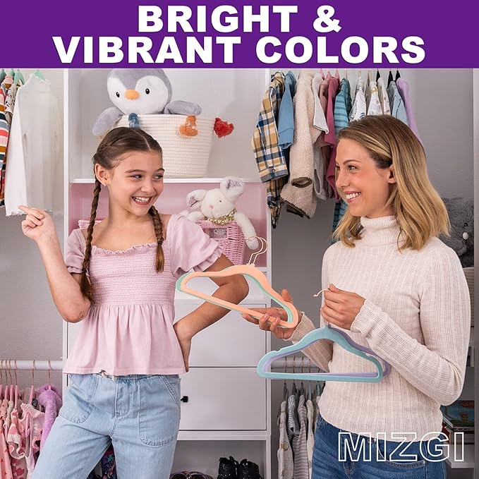 MIZGI Kids Velvet Hangers,Non-Slip Big Kids Hangers,14 Inch Hangers for Youth,Teen Clothes,Pack of 50