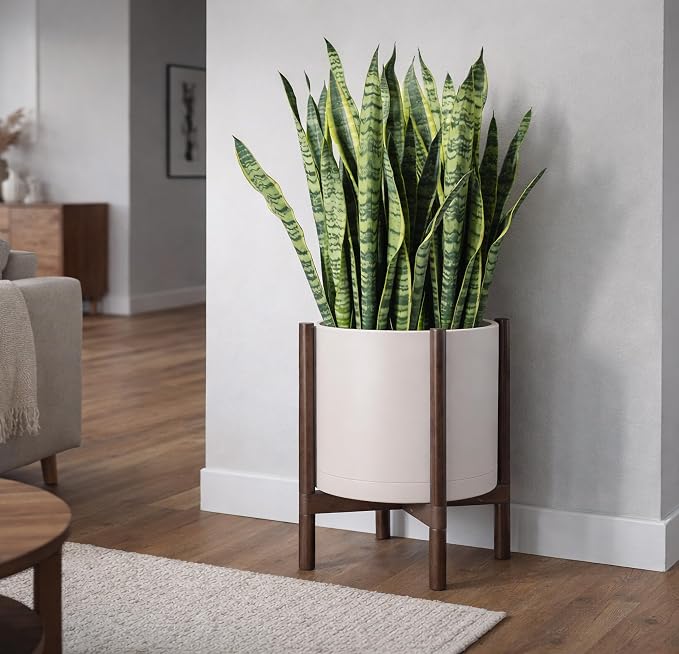 D'vine Dev Planter Pot with Stand - 16 Inch Plastic Cylinder Flower Pot with Wood Planter Holder for Indoor, Oatmeal Pot + Walnut Color Stand, 55-C-X-4