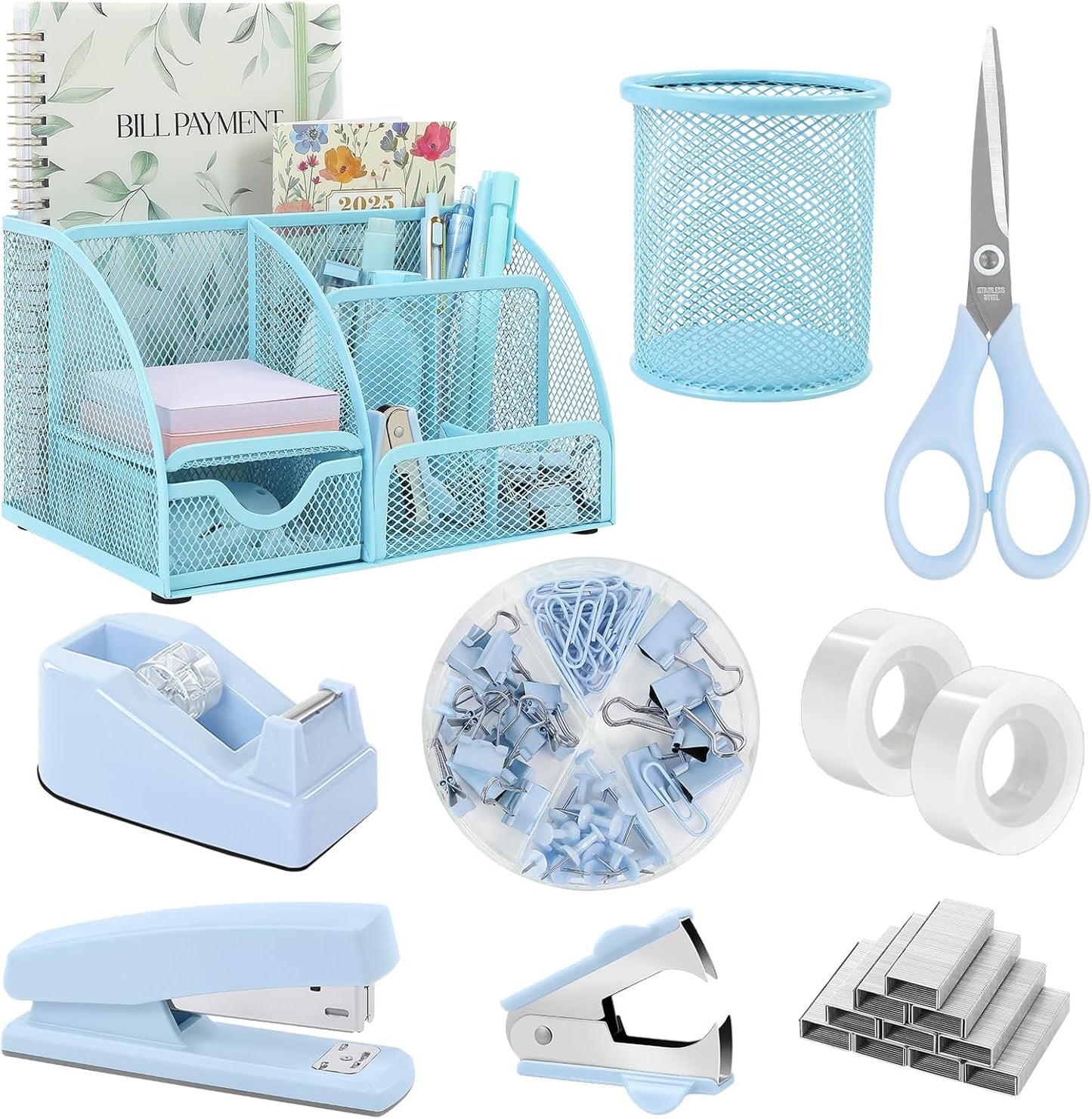 SKYDUE Office Supplies Set - Blue Mesh Desk Organizer with Stapler, Tape Dispenser & Scissors | 1000 Staples Included