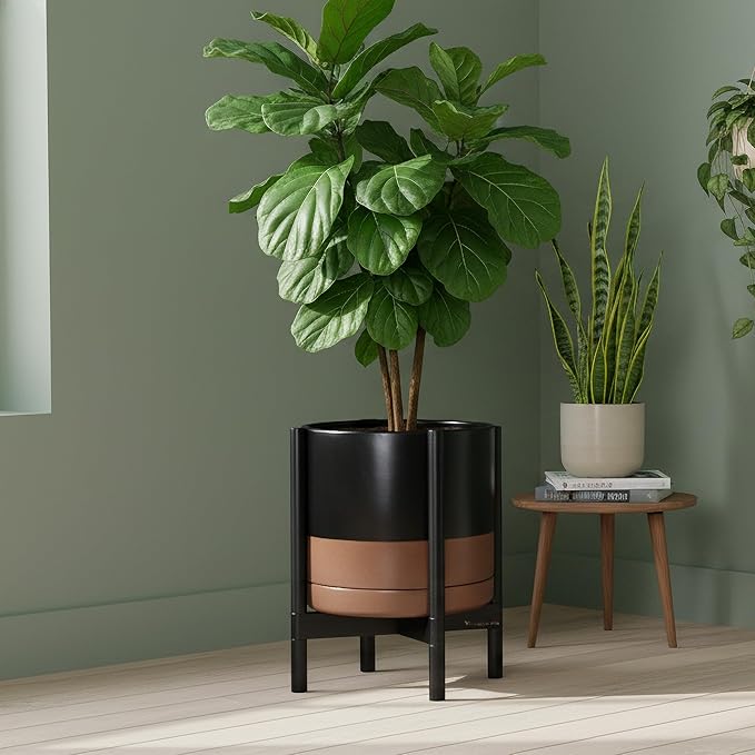 D'vine Dev Ceramic Planter with Ebony Stand - 12 Inch Modern Round Flower Pot with Wood Planter Holder, Black/Speckled Tan, 55-B-H-7