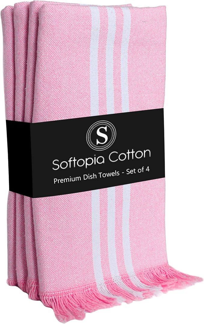Prewashed Stripe Tea Towels 4 Pack, 16x26 Inches, Dish Cloths for Cooking and Cleaning, Quick Dry Kitchen Rags, Reusable Hand Towels for Drying Dishes and Surfaces - Rose Pink