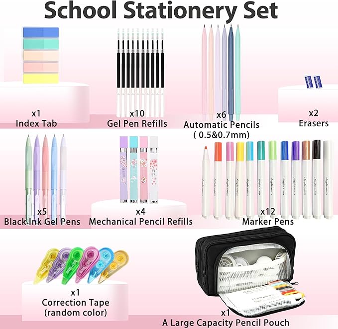 Ristpal 42 PCS Aesthetic School Supplies with Large Pencil Case, 12 Marker Pens with box, 5 Black Ink Gel Pens, 6 Mechanical Pencils Set, Sticky Notes, Complete Essentials Stationery Kit for Students