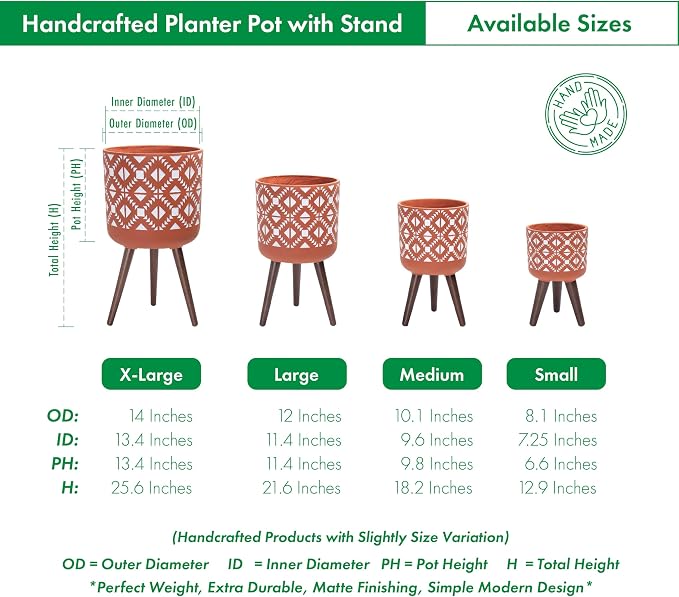 D'vine Dev 12 Inch Planter Pot with Stand, Mid-Century Tall Plant Pot with Legs for Indoor Plants, Pottery Red Terracotta/White, 88-G-C-5