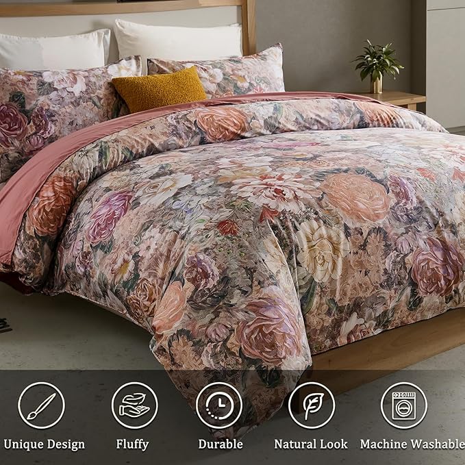 100% Cotton Duvet Cover Queen Size – Vintage Floral Duvet Cover Set with Zipper Closure & Corner Ties, 3-Piece Luxury & Silky Soft Bedding Set for All Seasons
