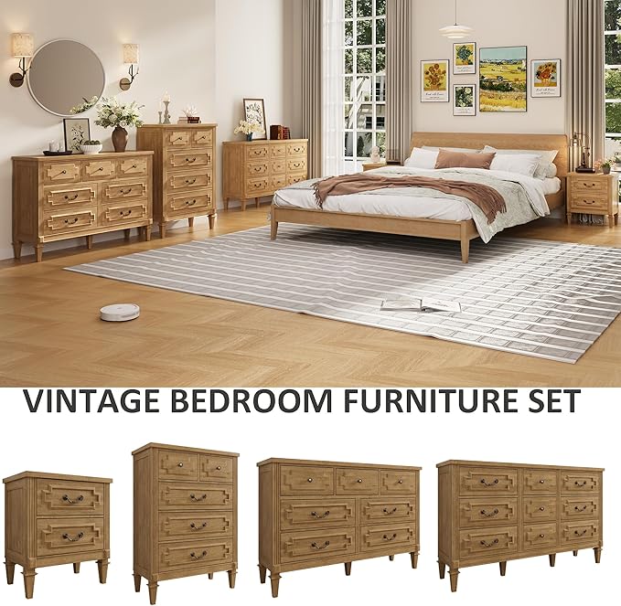 BLANKSPACE 7 Drawer Dresser for Bedroom, 36" Tall Dresser & Chest of Drawers wtih Vintage Surface, Closet Storage Cabinet for Living Room, Hallway, Natural Oak