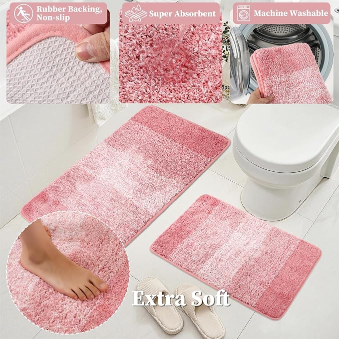 Bathroom Accessories Set, 25PCS Wicker Bathroom Accessory Set with Shower Curtain, Bath Mat, Soap Dispenser, Handwoven Trash Can & Rattan Tissue Box (Pink, Bath Set+Shower Curtain+Rugs)