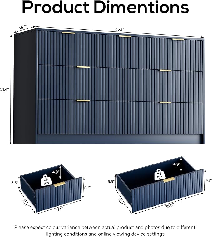 Navy Blue Dresser for Bedroom, Modern Dresser with 7 Drawers and Smooth Slides, Wide Chest of Drawers with Golden Handles for Bedroom, Living Room, Closet, 15.7" D x 55.1" W x 31.4" H