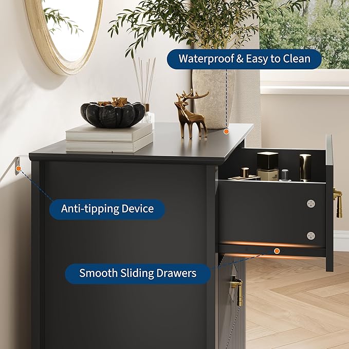 GarveeHome 2Pcs Wood Nightstand Fluted Dresser for Bedroom, 27.5" Wide 3-Drawer Bedside Tables, Modern Chest of Drawers, Storage End Table Living Room, Hallway, Entryway, Black