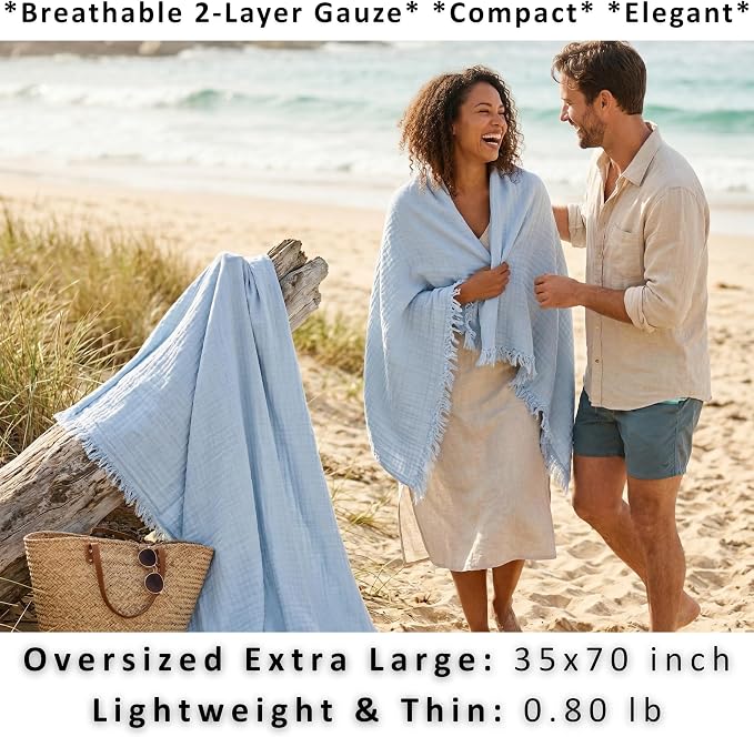 PÜSKÜL - Premium 2-Piece Oversized Muslin Bath Towel for Adult 35x70 Extra Large Bath Sheets | Natural 100% Turkish Cotton Soft Absorbent Quick-Dry Light Spa & Beach Towels (Pack of 2, Ice Blue)