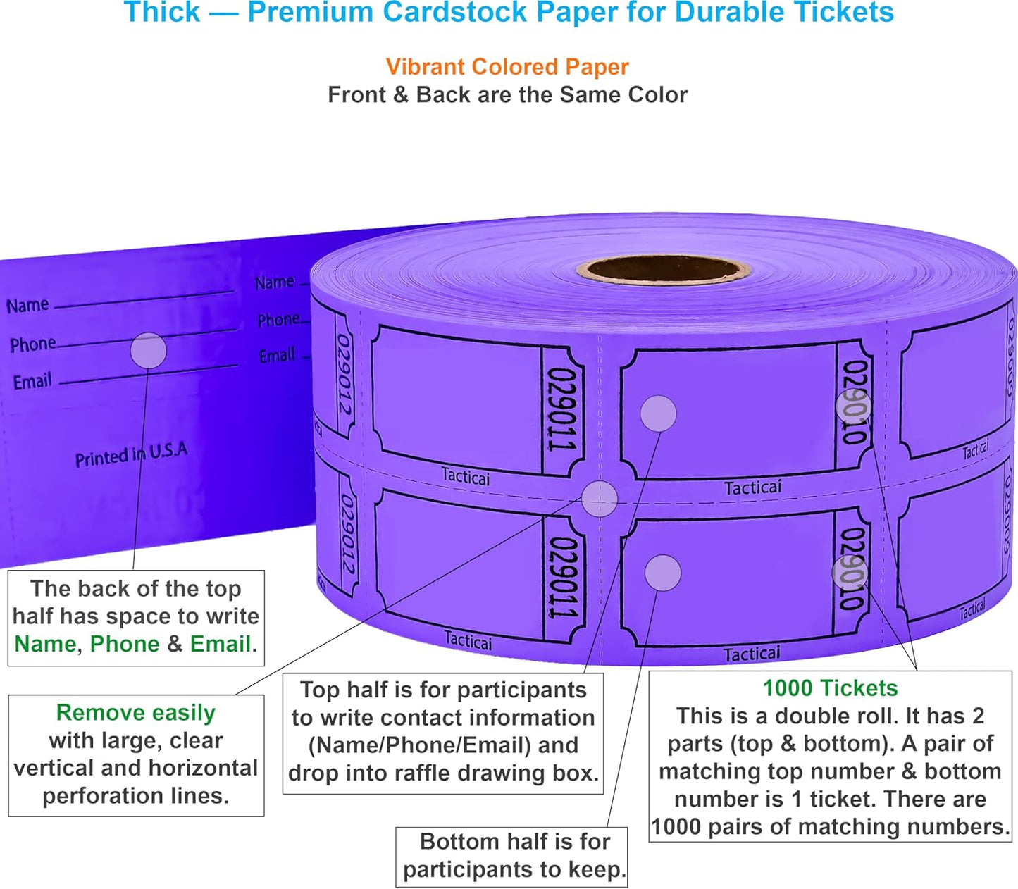 Tacticai 1000 Blank Raffle Tickets - Purple Double Roll for Events, Fundraisers & Prizes