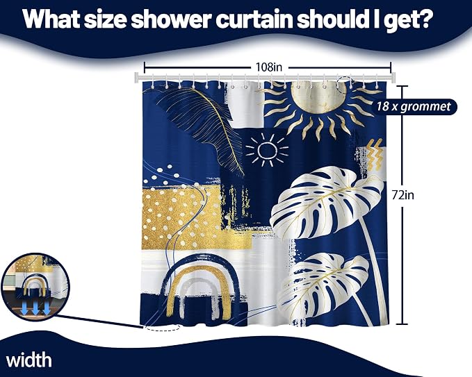 Extra Long Shower Curtain Extra Tall Blue and White XL Navy Blue and Gold Abstract Shower Curtains for Large Bathroom Decor Sets, Waterproof Cloth Fabric with Hooks, 108x72 Inch