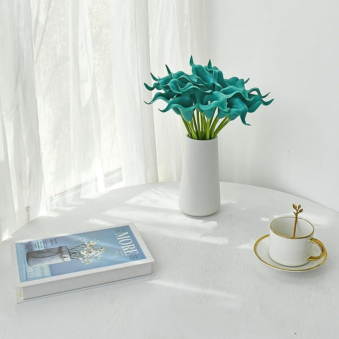 Mandy's PU Teal Calla Lily Artificial Flowers 20 Stems 13.5in Faux Realistic Centerpiece for Thanksgiving and Christmas Decorations DIY Bridal Bouquet Home Décor