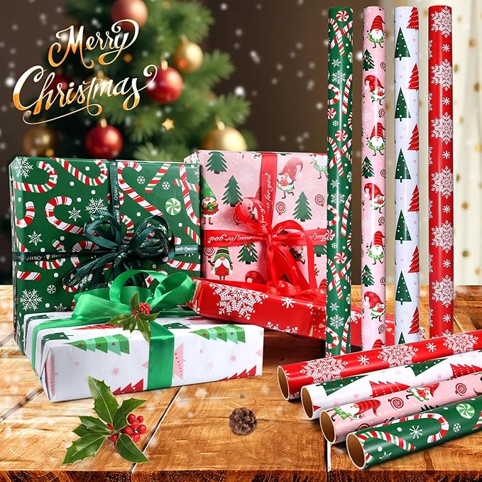Panigkids Christmas Wrapping Paper 4 Rolls with Santa Claus, Snowflakes, Candy, Pine Designs, for Men Women Kids, 16.9 In x 16.4 Feet, for Christmas, Holiday, Party Celebration