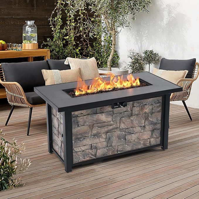 48'' Propane Fire Pit Table, 50000 BTU Outdoor Gas Fire Pit, with Stone Panel, Ceramic Tabletop & Aluminum-Coated Steel Tube Legs, Lava Rocks, Metal Lid and Rain Cover for Outside Patio
