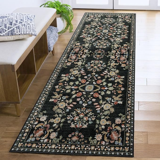 MUJOO Washable Runner Rug for Kitchen Hallways,2x6 Runner Rug Non Slip,Floral Carpet Runner for Bathroom Bedroom Laundry Floor,Long Mat Boho Indoor Vintage Low Pile Black