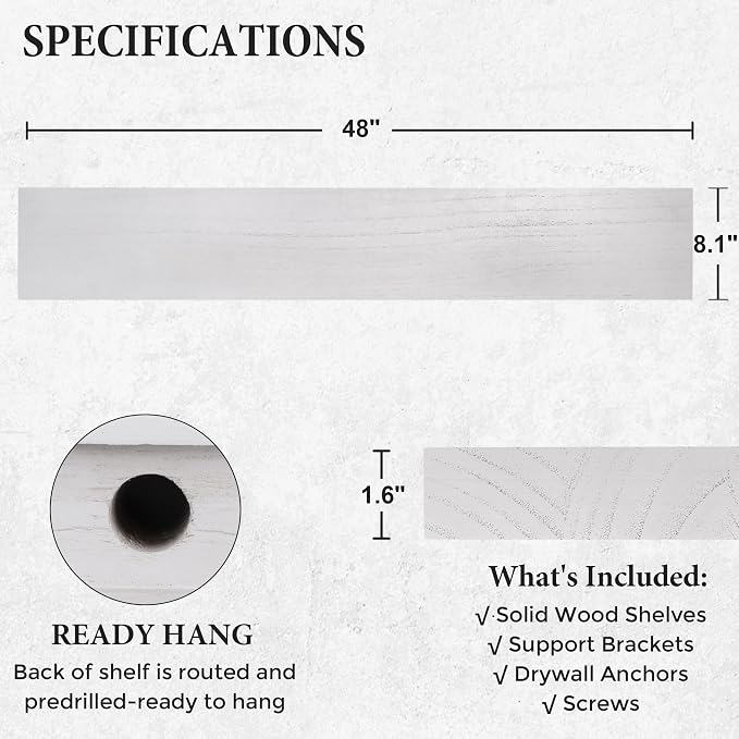 Axeman Floating Shelves, 8 Inch Deep Rustic Solid Wood Wall Shelves for Storage, Wall Mounted Display Shelving with Invisible Heavy-Duty Metal Bracket, 48" W x 8" D x 1.6" H, Distressed White