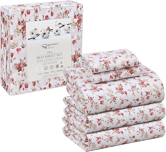 RUVANTI 100% Cotton Split King Sheets Sets for Adjustable Bed, 5 PCs, Soft & Breathable Percale Weave Bedding, Deep Pocket 16", Hotel Standard, Crisp Cool Feel & Durable, Floral Sheet, Bouquet